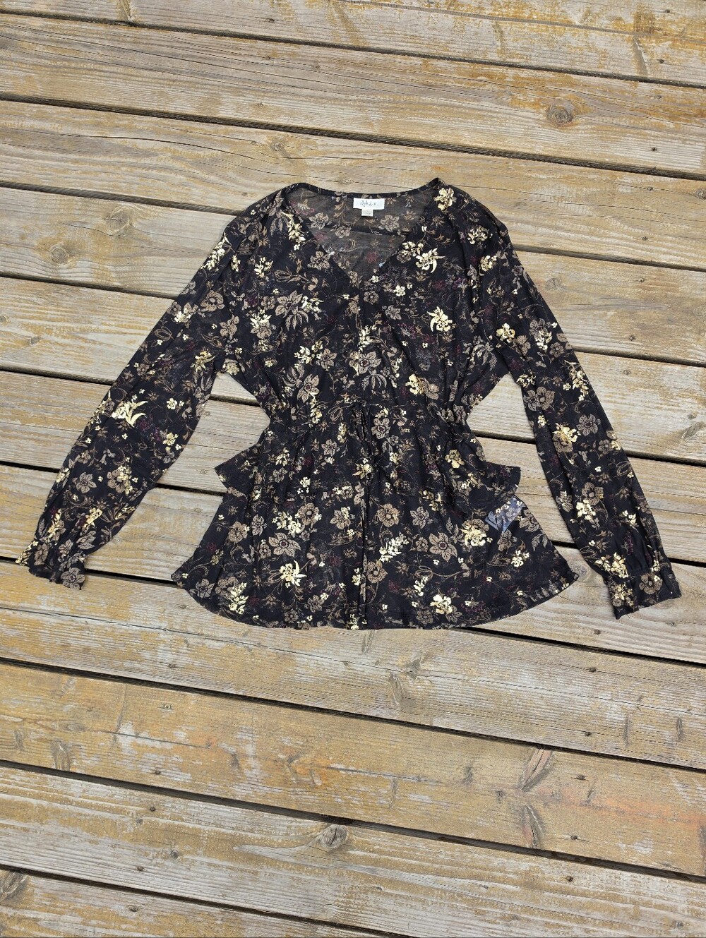 Style & Co. Sheer Black Floral V-Neck Peplum Blouse Large Witchy Whimsigoth